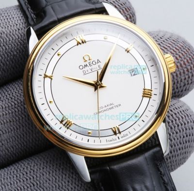 Replica Omega De Ville Watch White Dial Yellow Gold Bezel Black Leather Strap 40mm